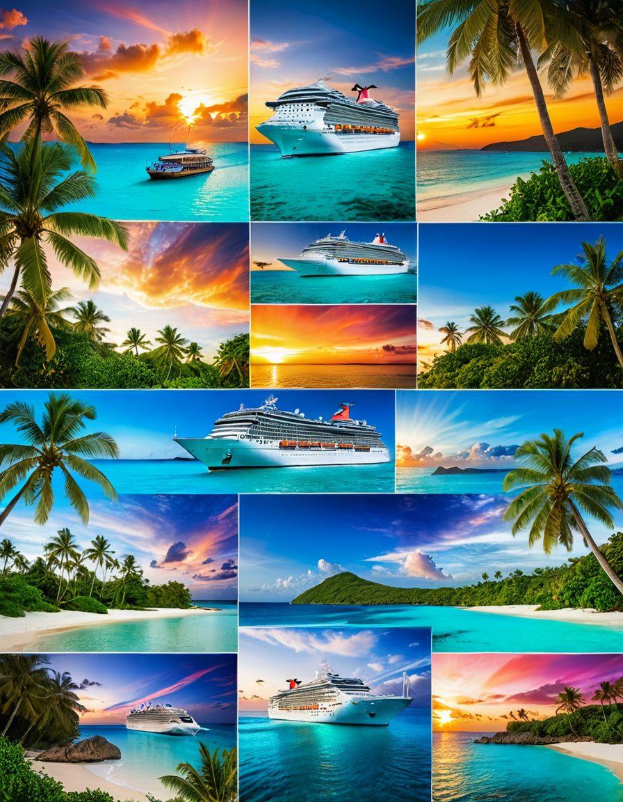 A vibrant collage of stunning cruise destinations, showcasing panoramic ocean views with majestic ships sailing on crystal-clear waters. Include iconic landmarks like tropical islands, lush coastlines, and vibrant sunsets. Integrate elements of adventure, such as palm trees and beach activities, to evoke wanderlust. The overall mood should be energetic and inviting, highlighting exploration and relaxation. super-realistic. vibrant colors. white background.