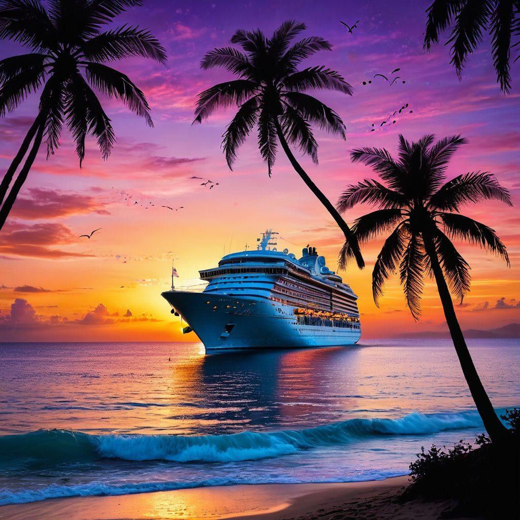 A dreamy cruise ship sailing through turquoise waters under a radiant sunset, with palm trees swaying on a distant exotic shore. Incorporate elements like a map unfurling with pins on various tropical destinations, capturing the essence of adventure and relaxation. Include silhouettes of happy travelers on the deck enjoying cocktails, surrounded by vibrant ocean life beneath the surface. super-realistic. vibrant colors. tropical theme.