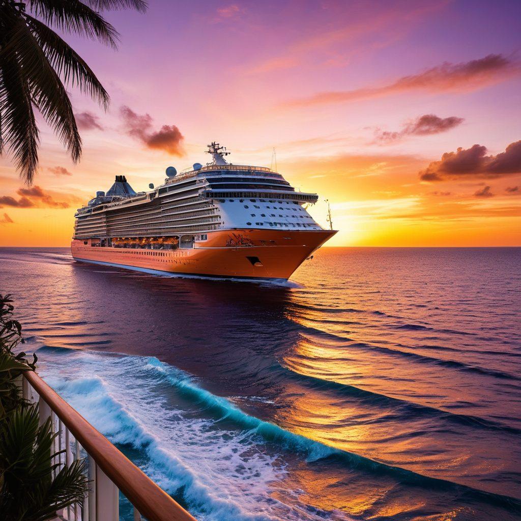 A breathtaking view of a cruise ship sailing into a vibrant sunset, with waves gently lapping against the hull. Include silhouettes of people enjoying the deck, tropical islands in the distance, and palm trees swaying in the foreground. Capture the sense of adventure and relaxation associated with a cruise vacation. vibrant colors. super-realistic.
